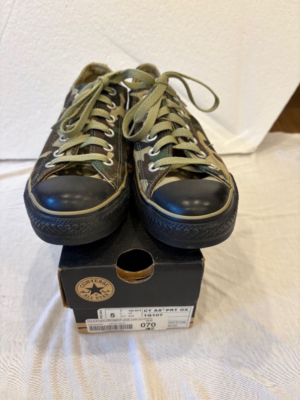 CHUCK TAYLOR Camouflage Olive Converse All Star Sneakers; Size: 7